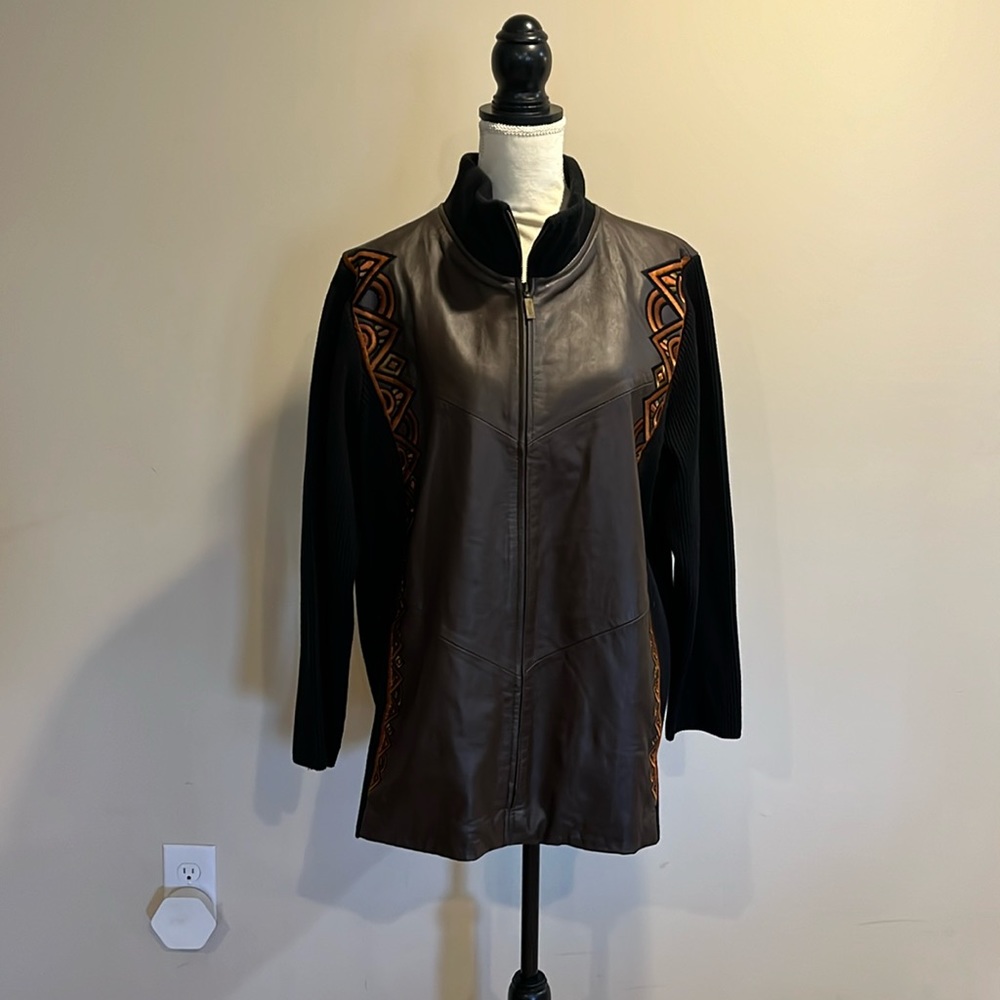Bob Mackie wearable art leather and knit embroidered jacket. Size 1X